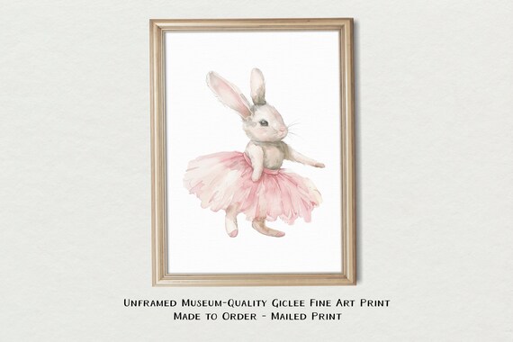 Ballerina Bunny Pink Tutu Watercolor Whimsical Nursery Dance Art Print