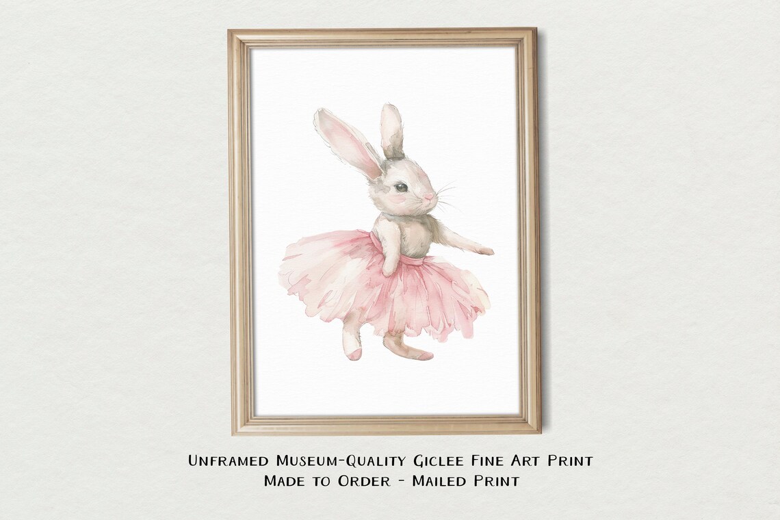 Ballerina Bunny Pink Tutu Watercolor Whimsical Nursery Dance Art Print
