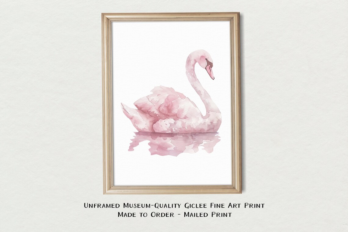 Blush Pink Swan Watercolor Reflection Minimal Nursery Art Print