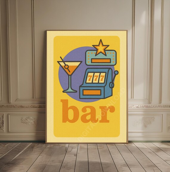 Retro Yellow Bar Sign With Martini And Slot Machine Vintage Poster