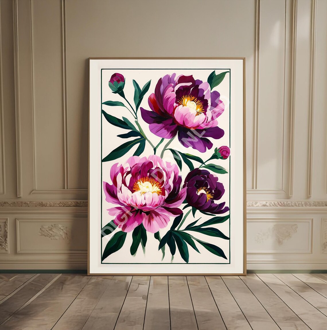 Pink Magenta Peonies Lush Vintage Botanical Floral Art Poster
