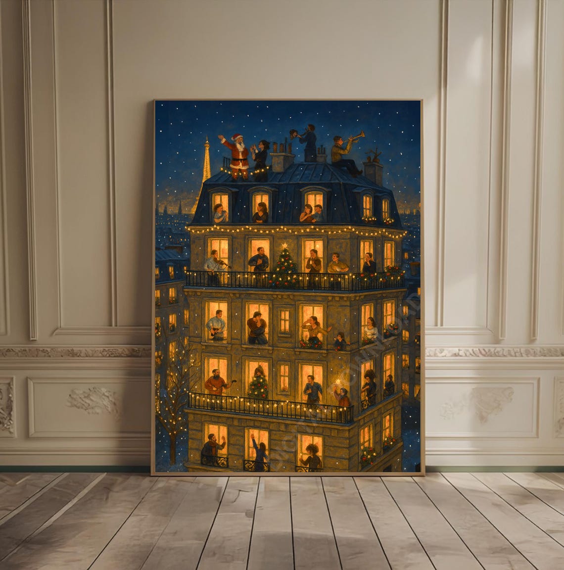 Winter Paris Cityscape Oil Painting Cafe Watercolor Art Artwork Travel Snowy France Poster City Europe Christmas Decor