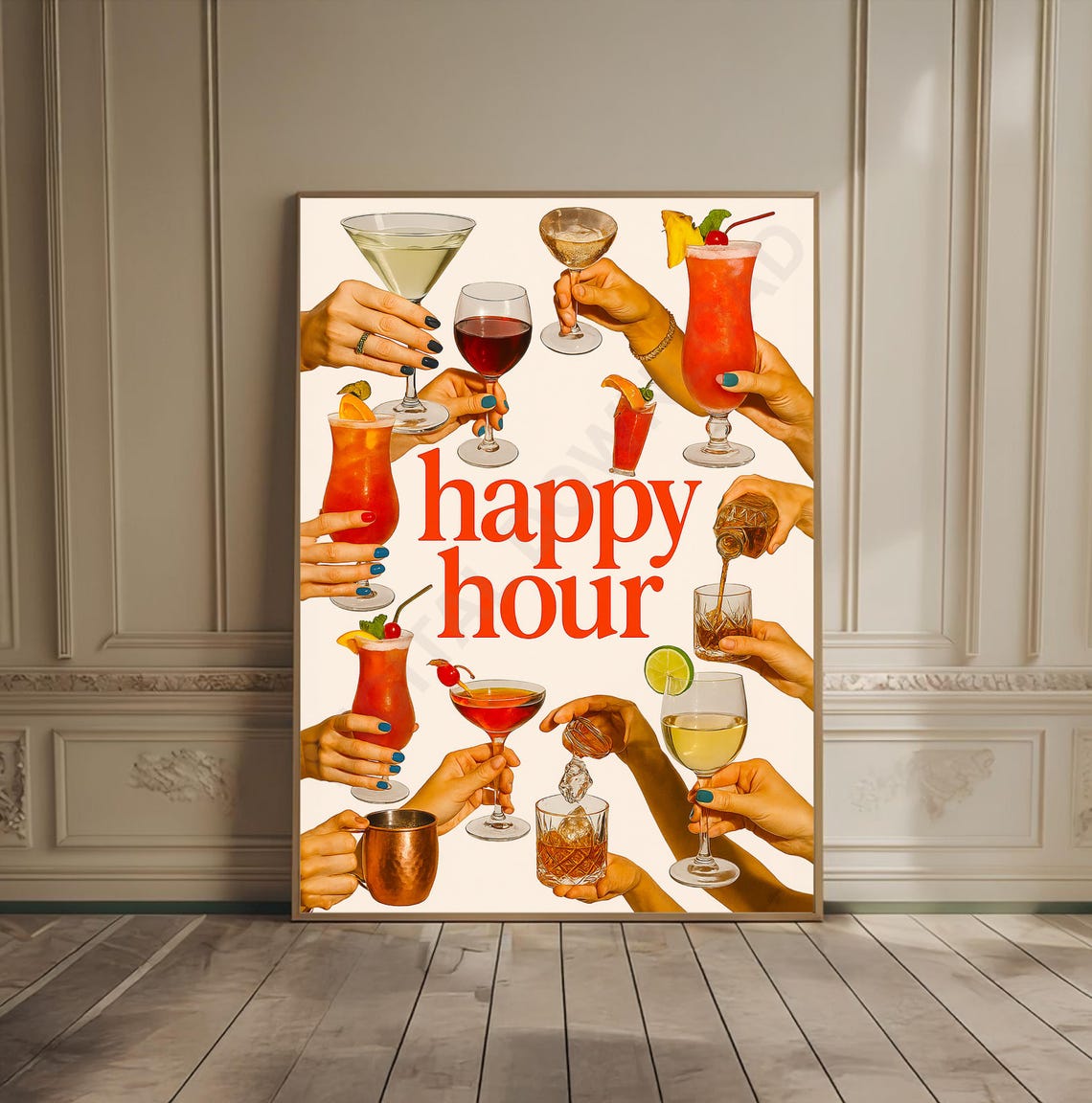 Happy Hour Cocktail Party Hands Cheerful Retro Bar Art Poster