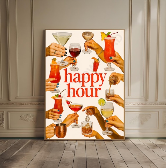Happy Hour Cocktail Party Hands Cheerful Retro Bar Art Poster