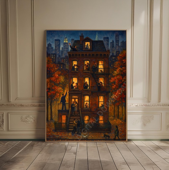New York Brownstone Autumn Night Lit Windows City Skyline Art Poster