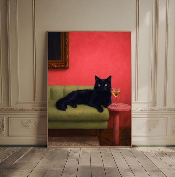Black Cat Lounging On Green Sofa With Cocktail Vintage Style Poster