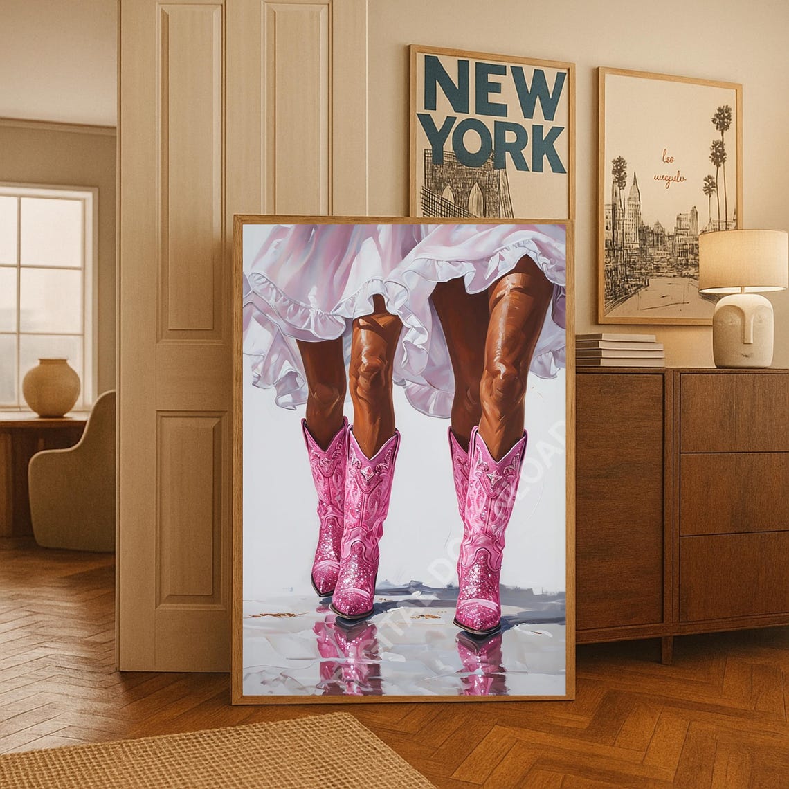 Coastal Cowgirl Poster Print Cowboy Boots Trendy Preppy Dorm Room Wall Art Girly Bedroom Decor Fashion Pink Oil Painting