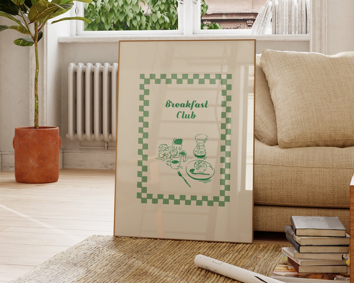 Green Hand Drawn Breakfast Club Art Breakfast Wall Art Kitchen Poster Retro Home Decor Coffee Lovers Food Art Foodie Gift
