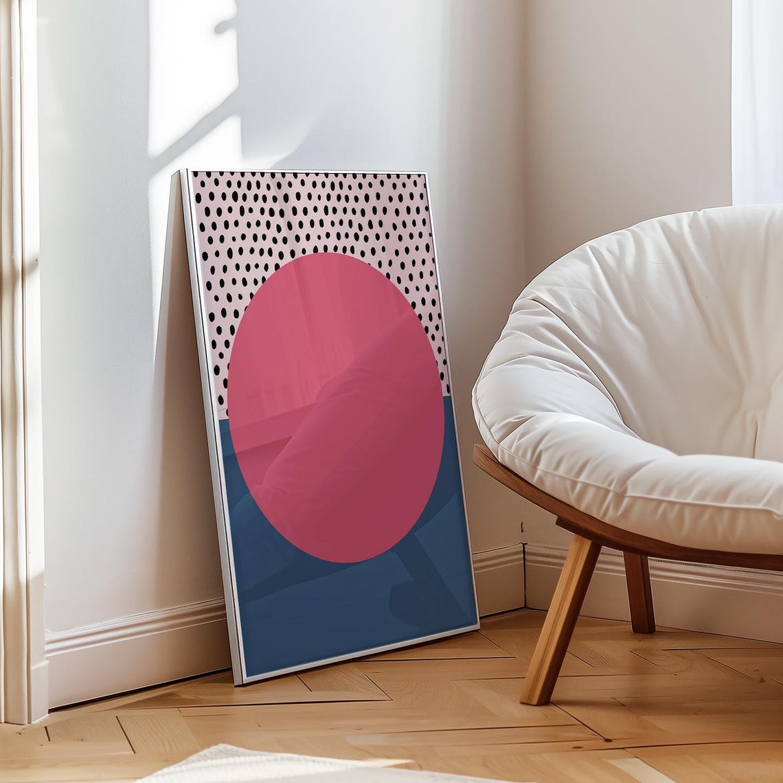 Fun Big Pink Sun Polka Dot Navy Base Modern Abstract Art Poster - Image 2