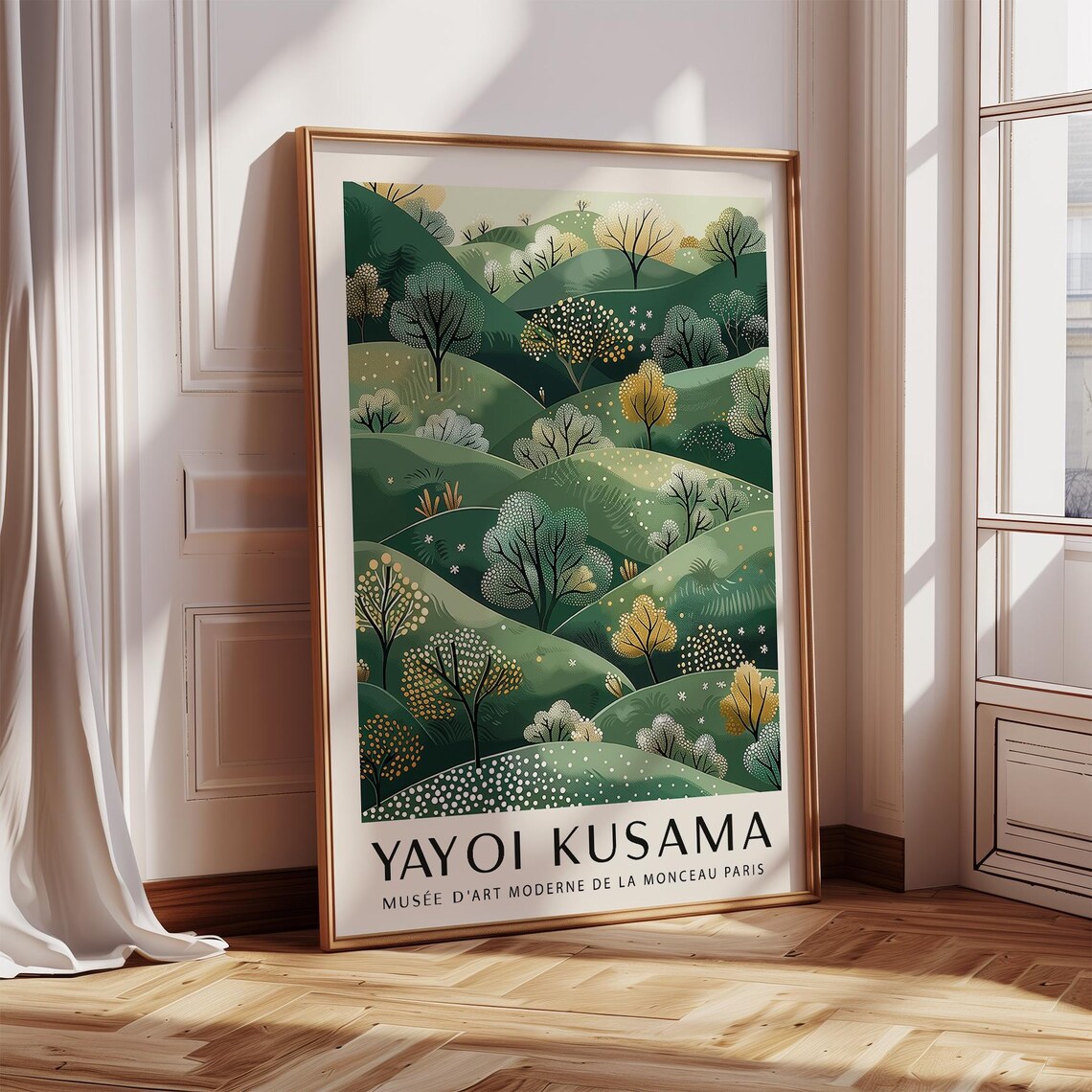 Yayoi Kusama Style Green Rolling Hills Dotted Trees Exhibition Poster