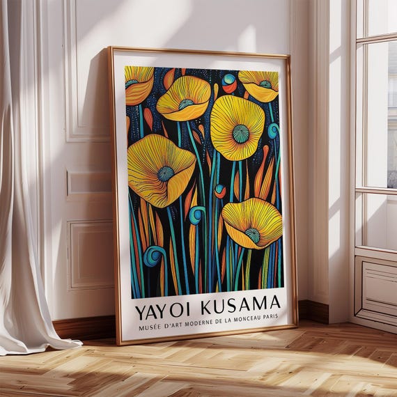 Poppies Wall Art Yellow And Orange Floral Print With Blue Accents Yayoi Kusama Inspired Bold Modern Botanical Artwork Living Room Studio