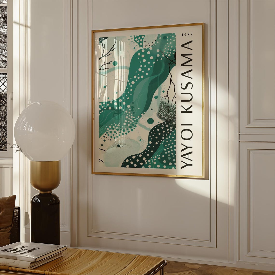 Yayoi Kusama 1977 Teal Wave White Dot Pattern Abstract Poster - Image 4