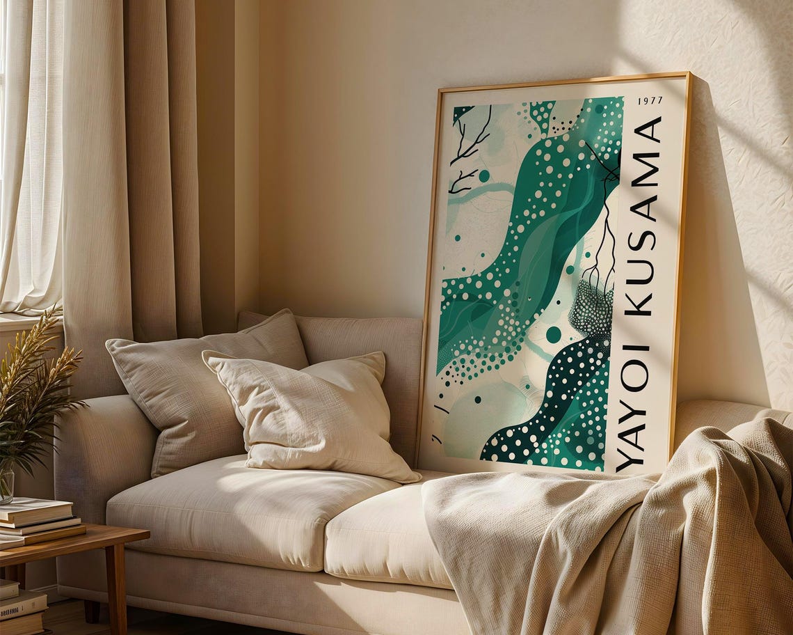 Yayoi Kusama 1977 Teal Wave White Dot Pattern Abstract Poster - Image 2