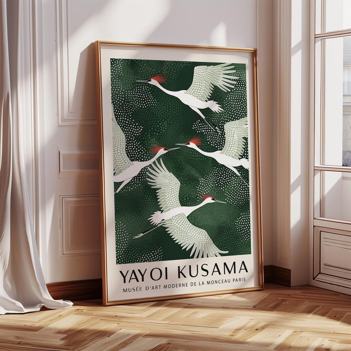 White Cranes Red Crowns Deep Green Modern Japanese Style Poster - Image 4