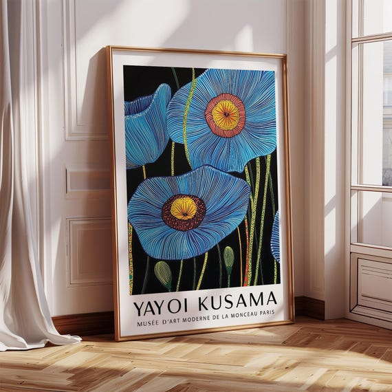 Blue Flower Wall Art Modern Floral Print With Vibrant Indigo Yellow Blooms On Black Bold Botanical Poster For Home Yayoi Kusama Inspired