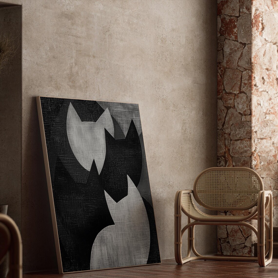 Wabi Sabi Abstract Layered Cats in Black White Modern Poster - Image 2