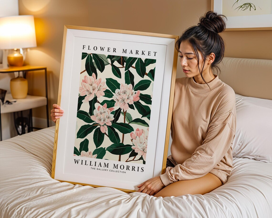 William Morris Flower Market Pink Rhododendron Blossom Green Poster - Image 4