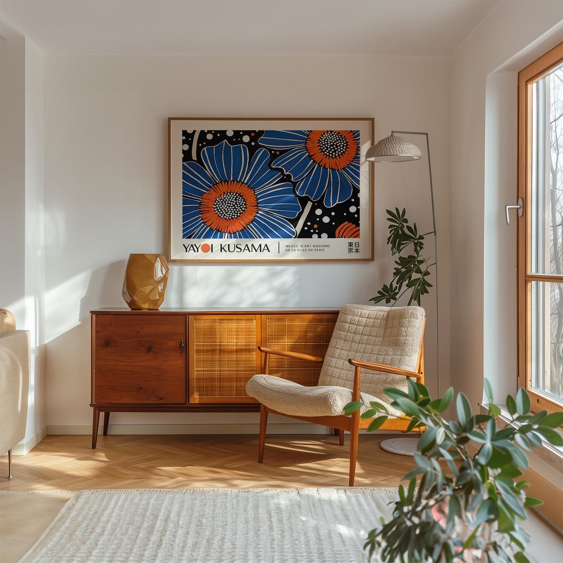 Yayoi Kusama Blue Daisy Flowers Orange Centers Dot Art Floral Poster - Image 4