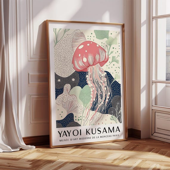 Unique Large Wall Art Jellyfish Print Modern Pastel Tones Abstract Ocean Illustration Inspired By Yayoi Kusama For Living Room Or Office