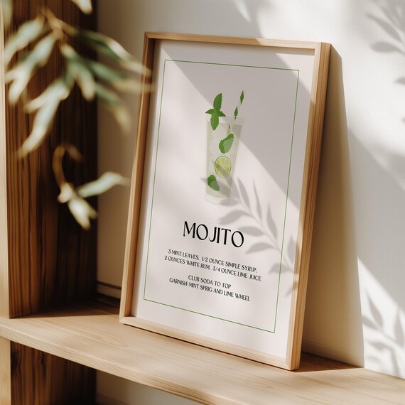 Mojito Cocktail Recipe Poster Minimalist Mint Lime Bar Decor
