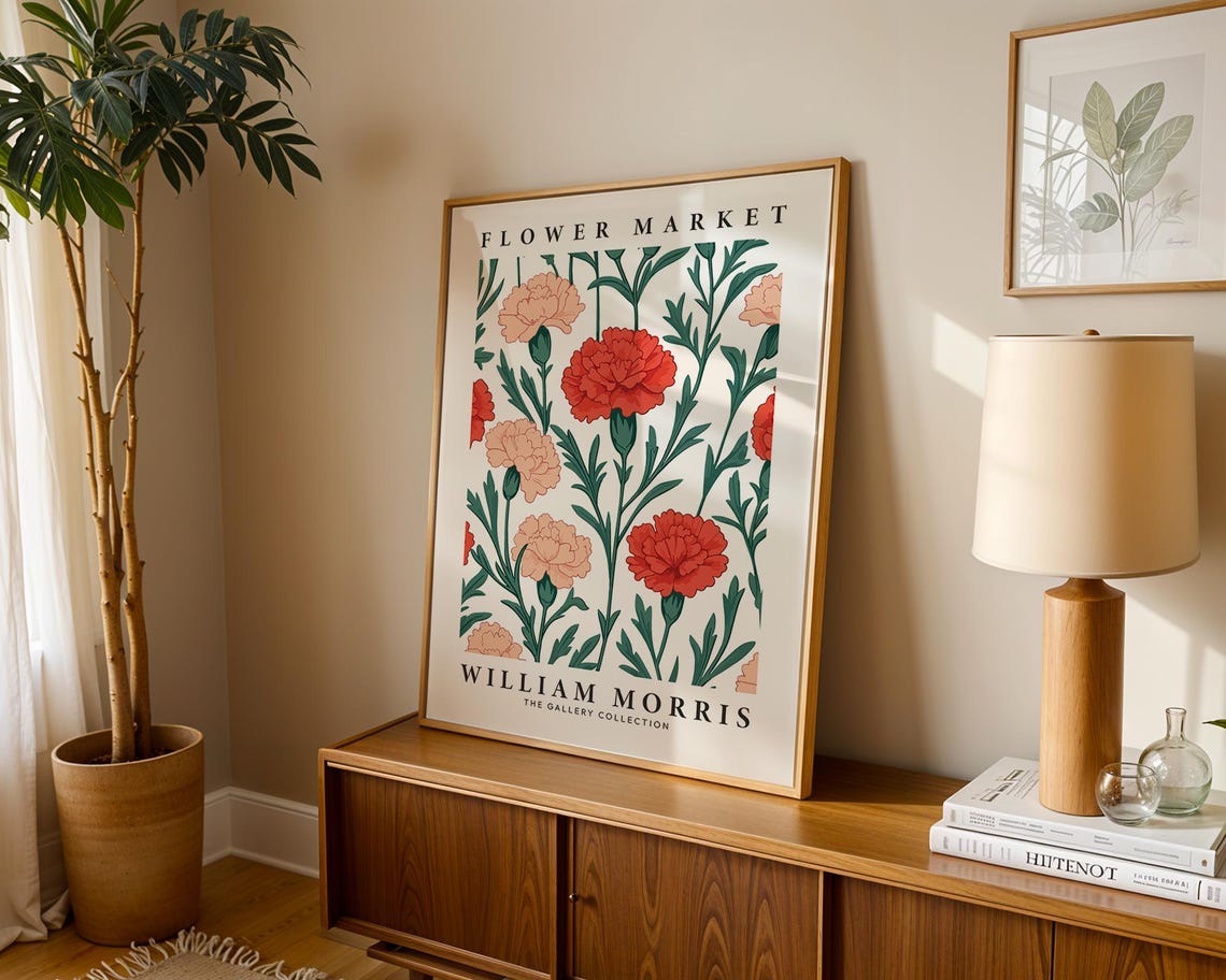William Morris Flower Market Red Peach Carnation Pattern Poster - Image 4