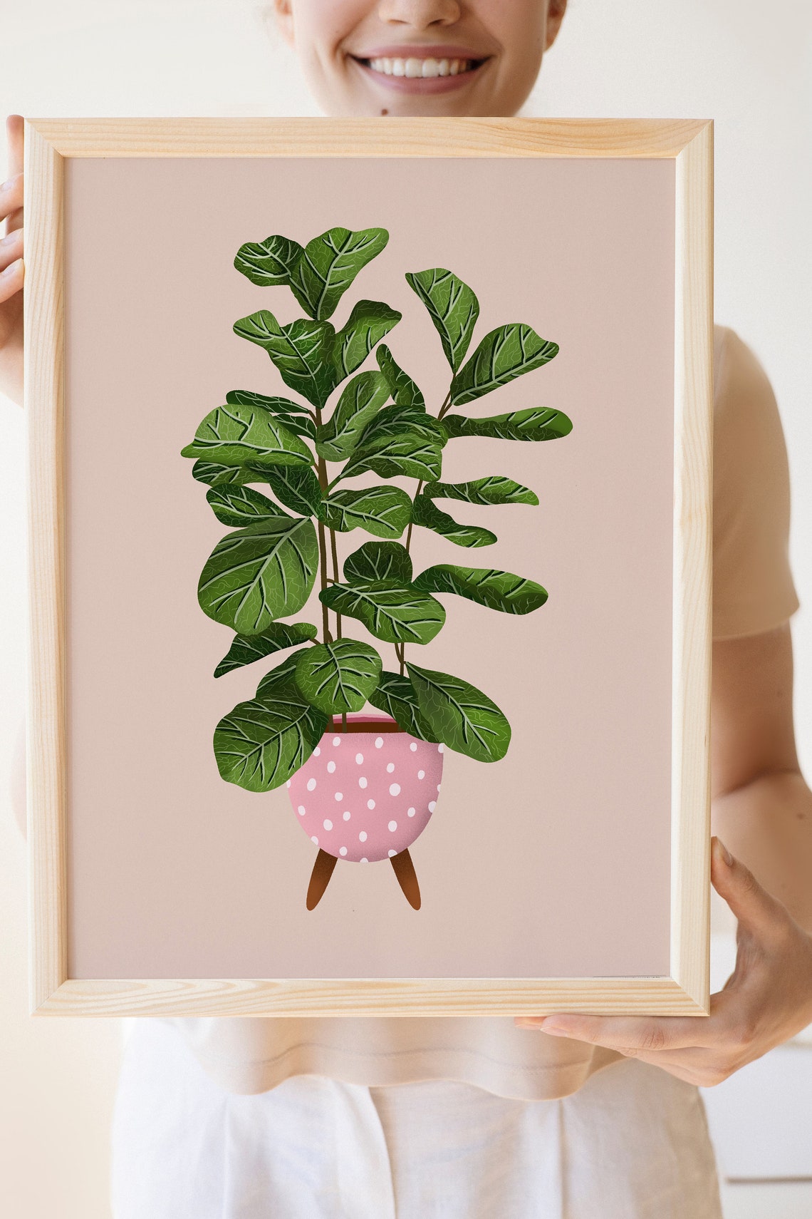Fiddle Leaf Fig Print Pink Dotted Pot Blush Background Minimal Decor - Image 3
