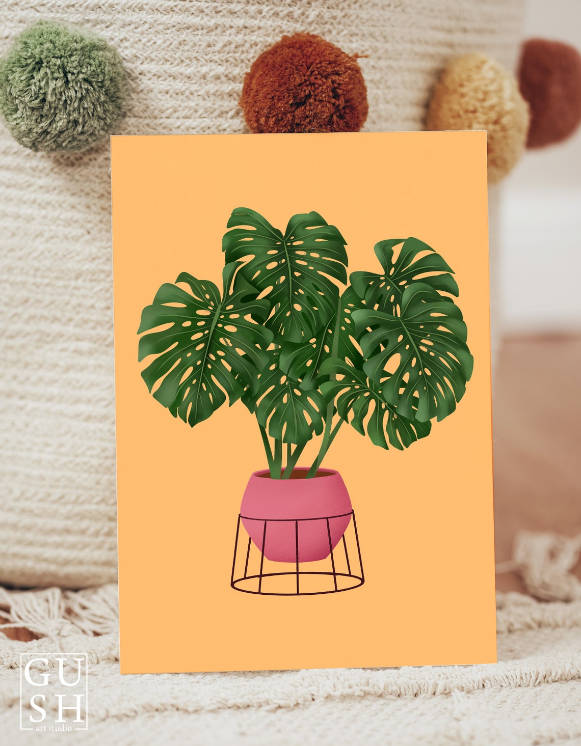 Monstera Deliciosa Print Pink Pot Wire Stand Mustard Background - Image 2