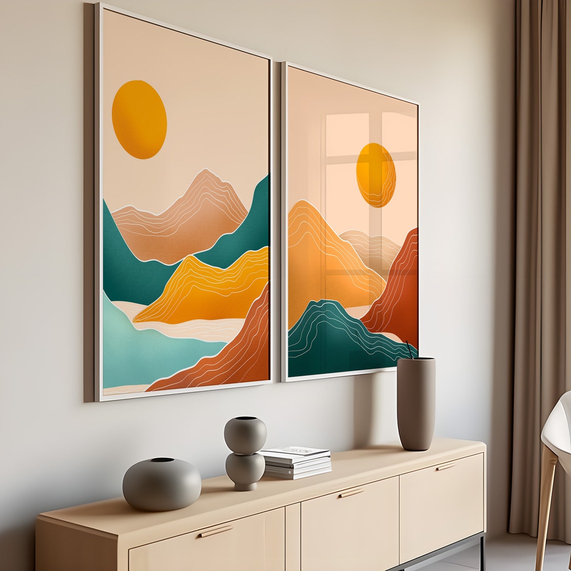 Abstract Sunrise Illustration Neutral Wall Art Landscape Art Print Terracotta Wall Art Boho Art Prints Sunshine Prints - Image 2