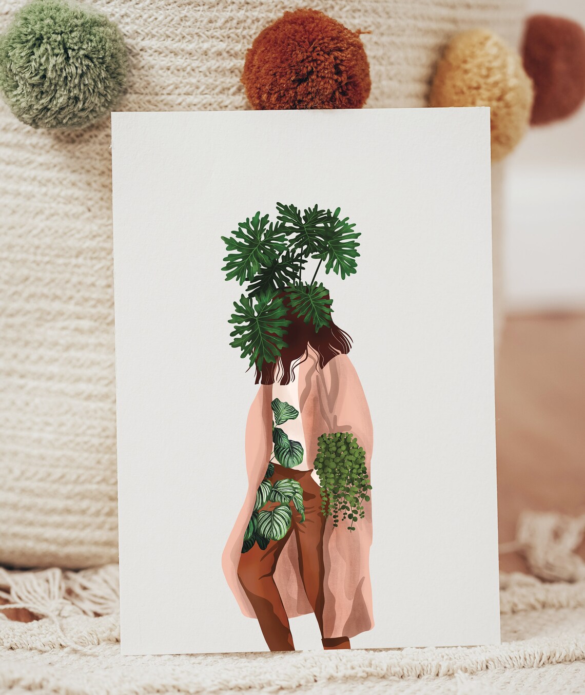 Woman Walking Away Monstera Head Blush Coat Chic Fashion Poster - Image 3