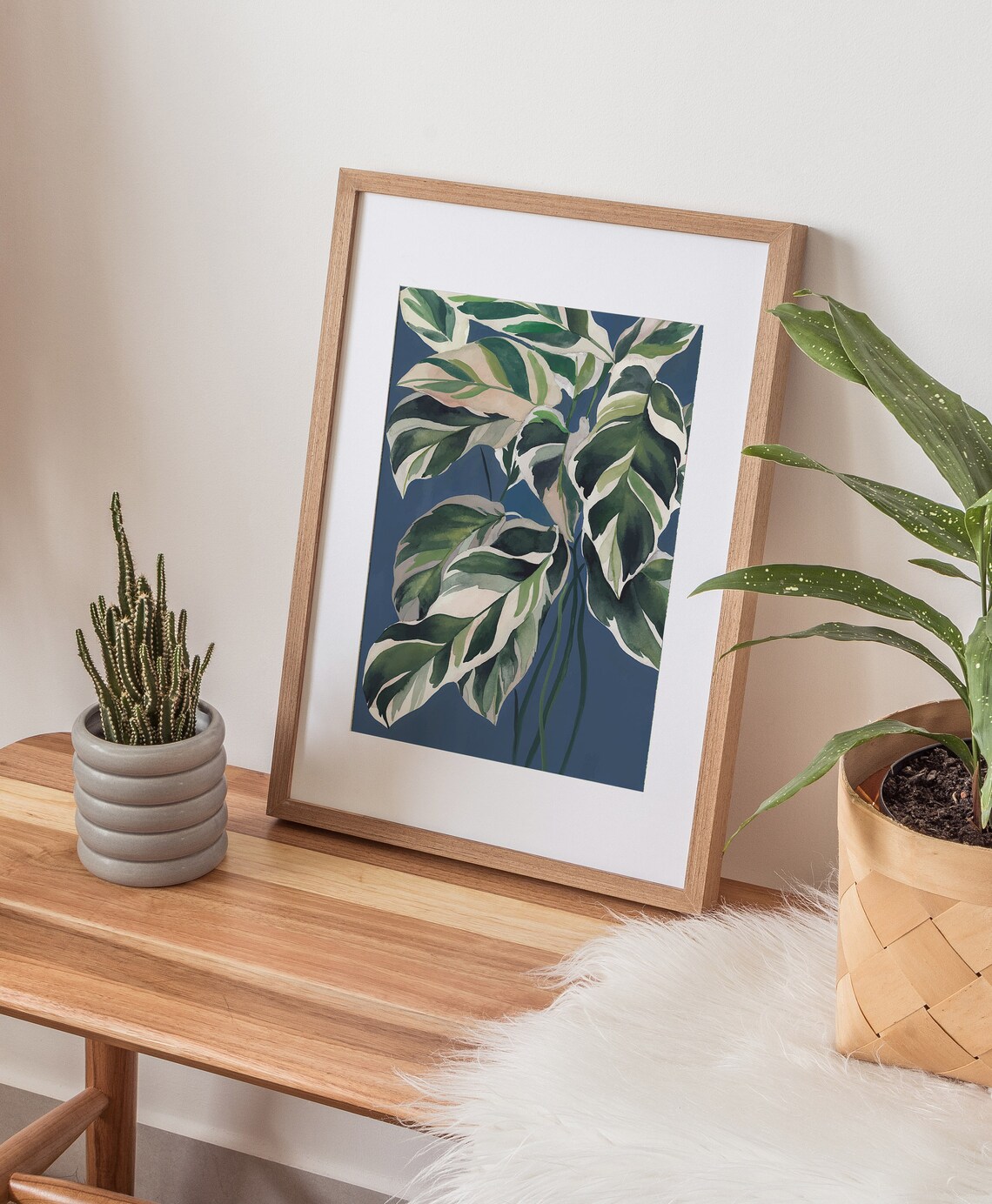 Calathea White Fusion Leaves Navy Botanical Illustration Poster - Image 2
