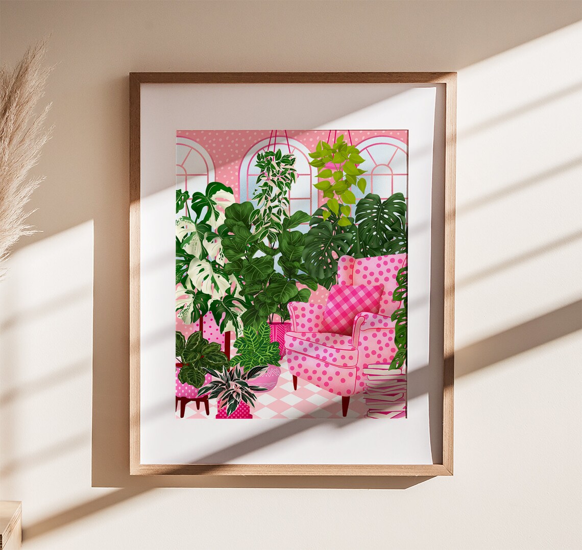 Pink Reading Room With Monstera Plants And Polka Dot Chair Art Poster