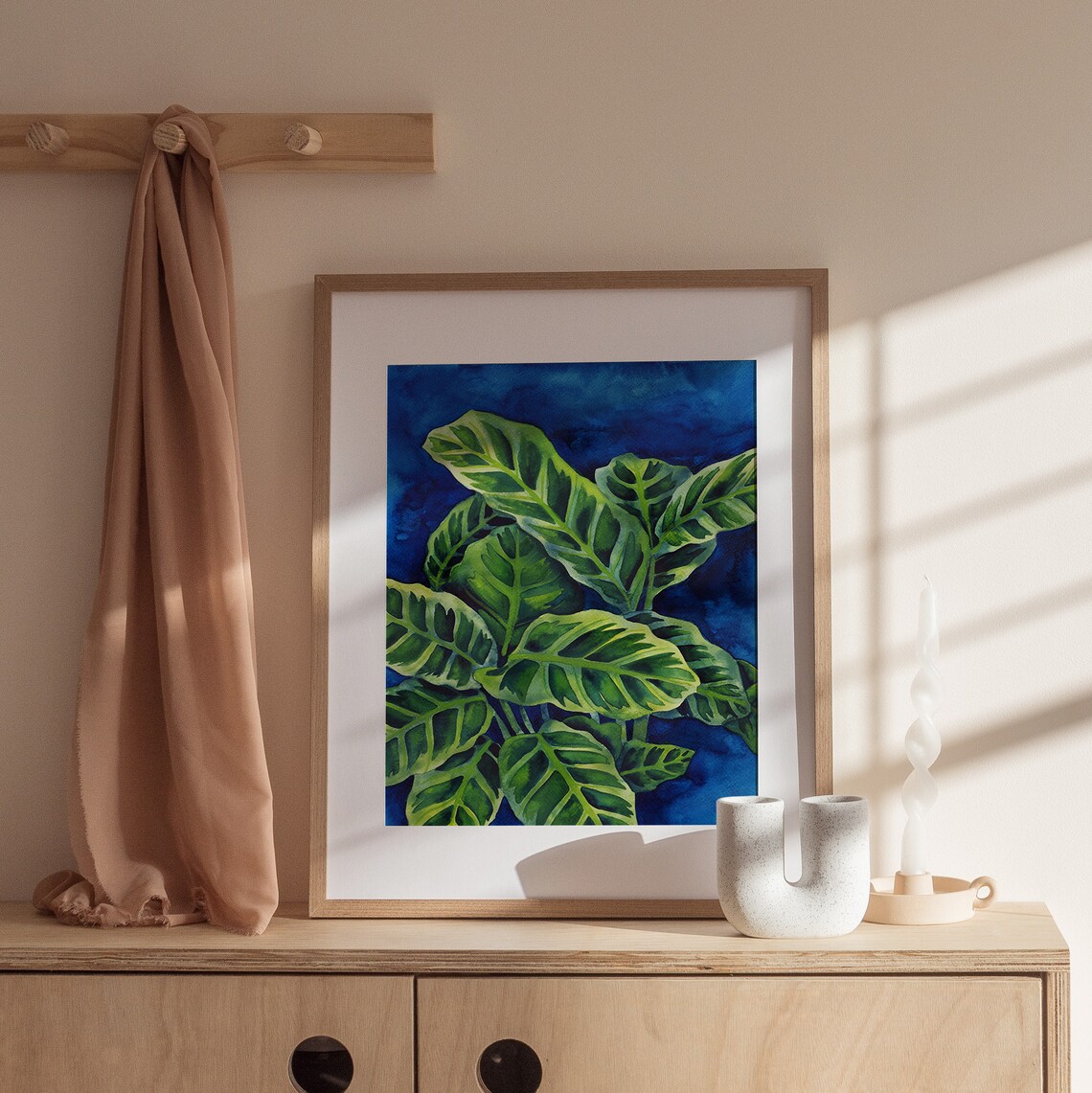 Calathea Zebrina Leaves On Navy Blue Watercolor Botanical Art Poster
