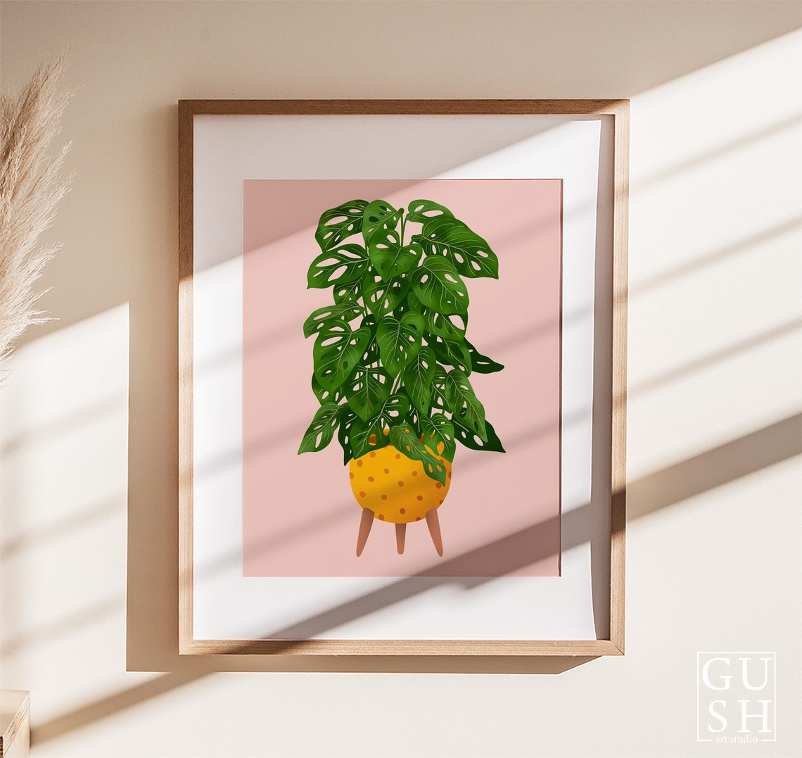 Monstera Adansonii Poster Yellow Dotted Pot Blush Pink Background