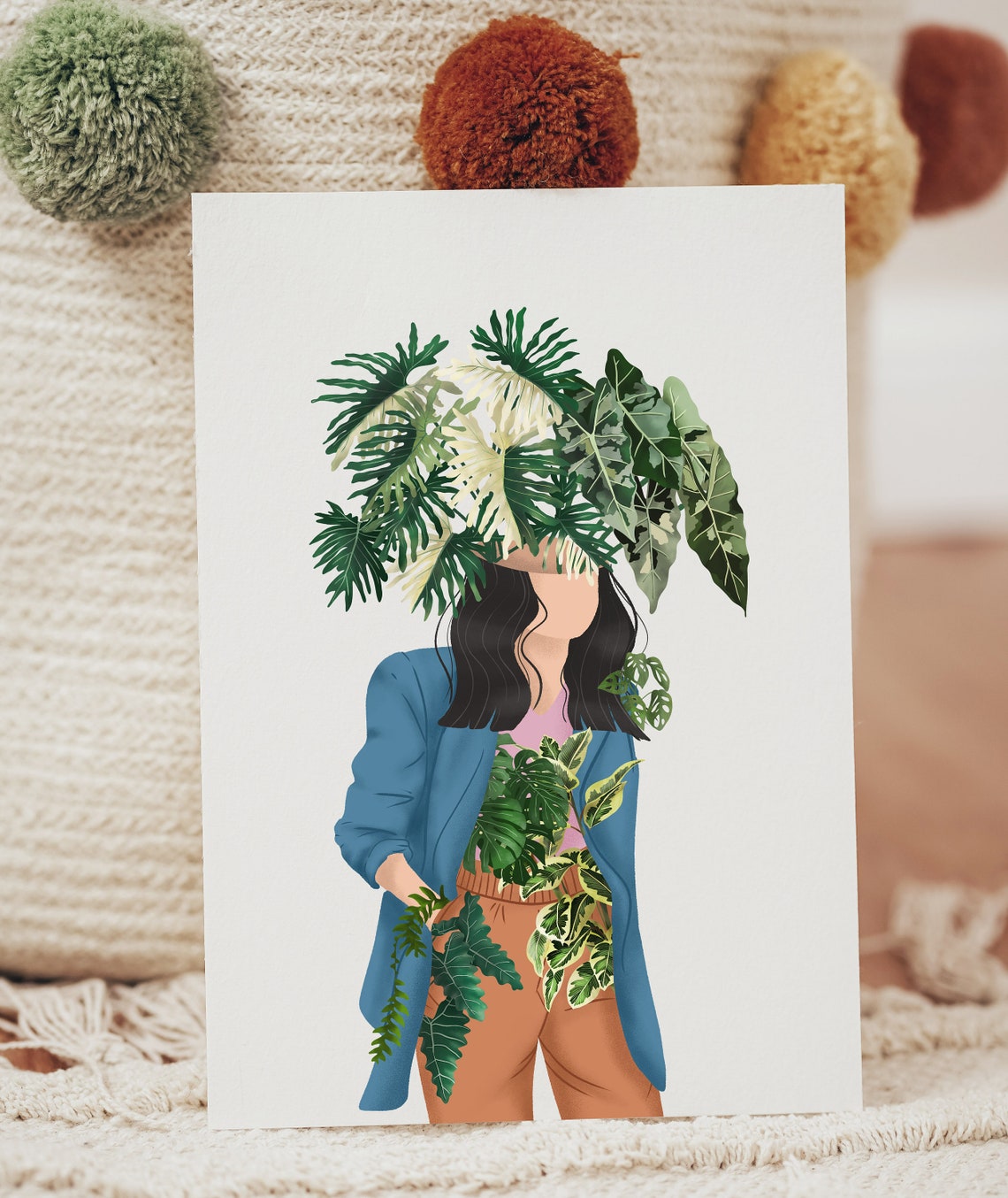 Woman Blue Blazer Rust Trousers Monstera Head Fashion Poster - Image 3