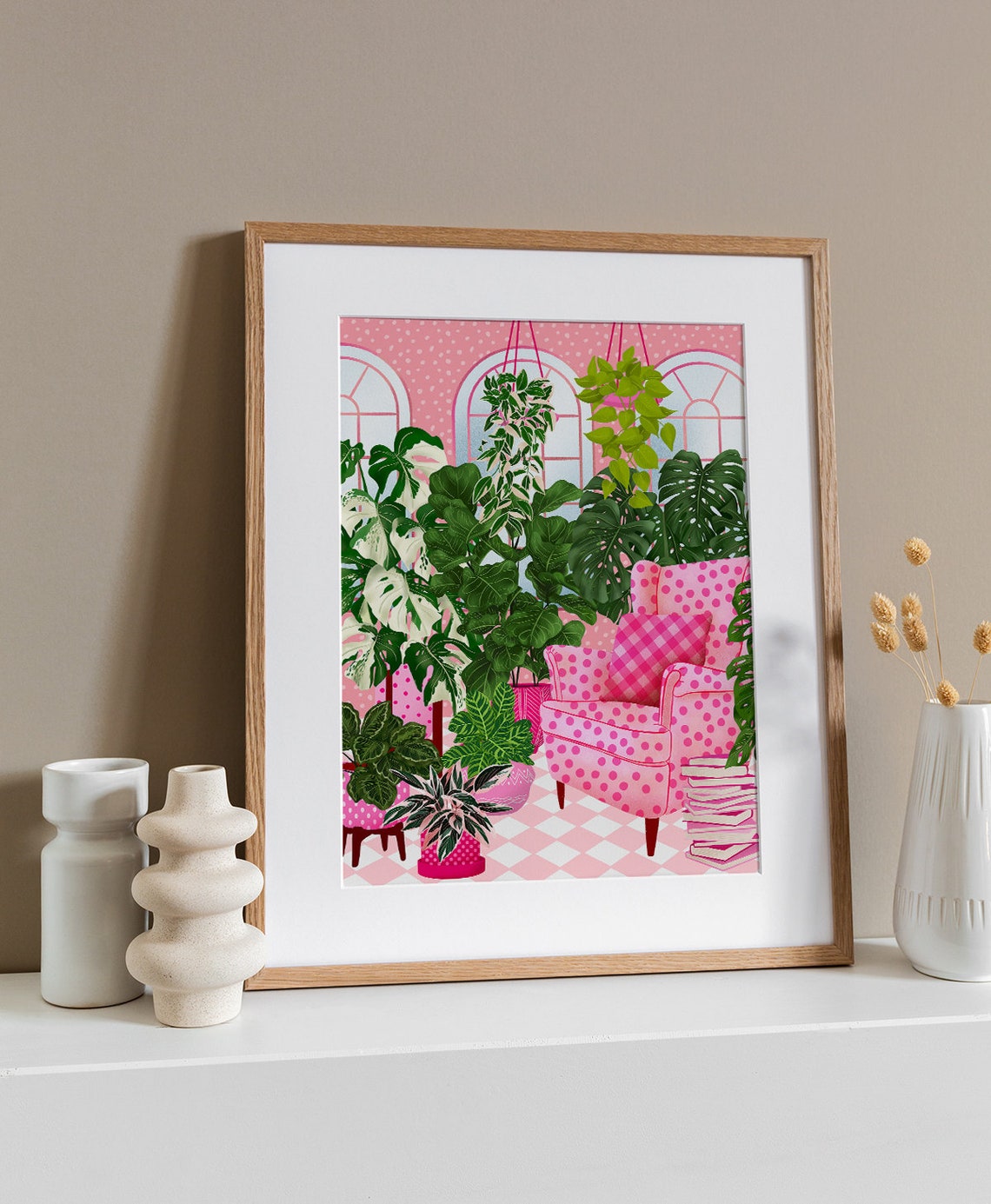 Pink Reading Room With Monstera Plants And Polka Dot Chair Art Poster - Image 3