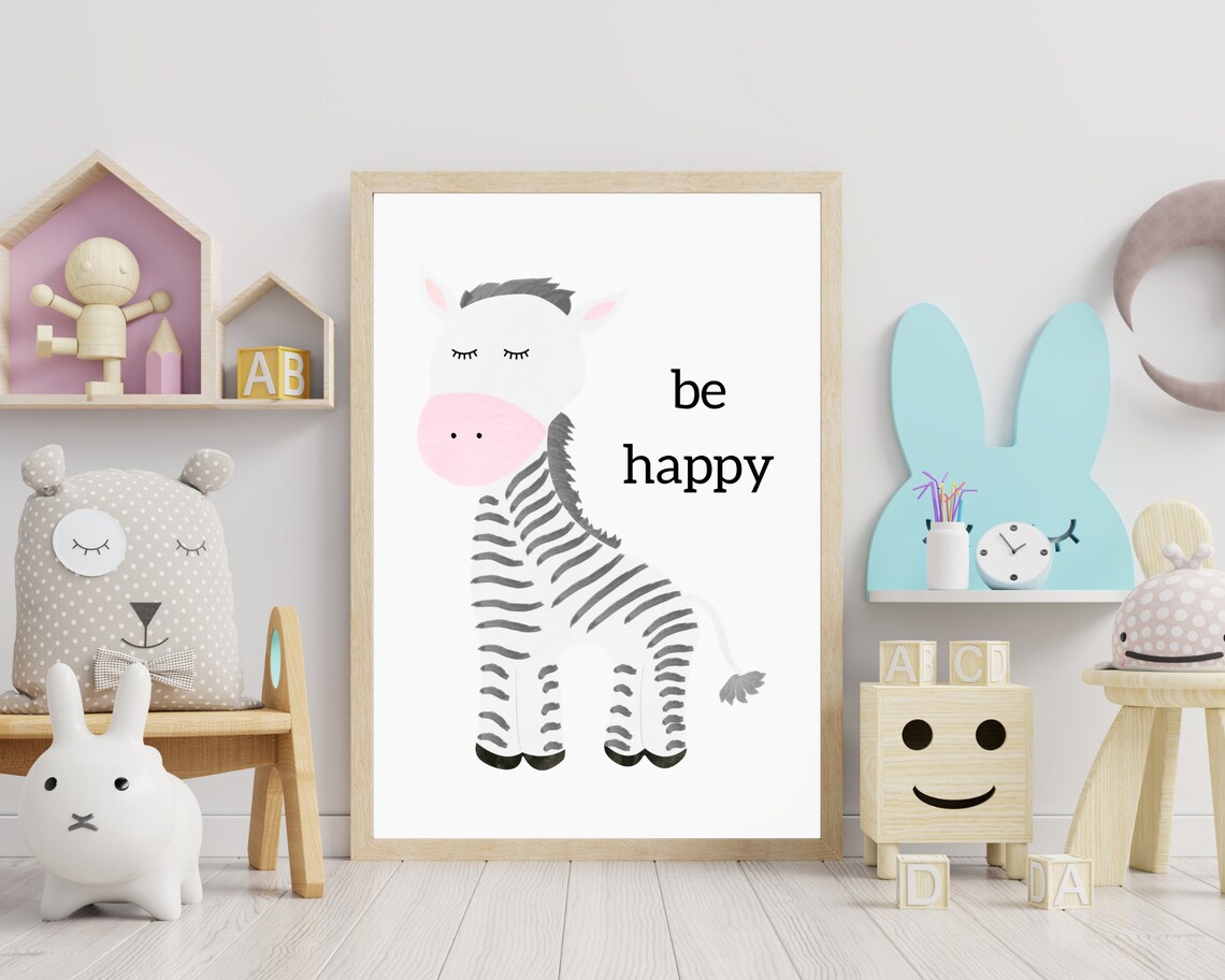 Be Happy Zebra Safari Nursery Quote Cute Animal Kids Bedroom Wall Art Poster - Image 3