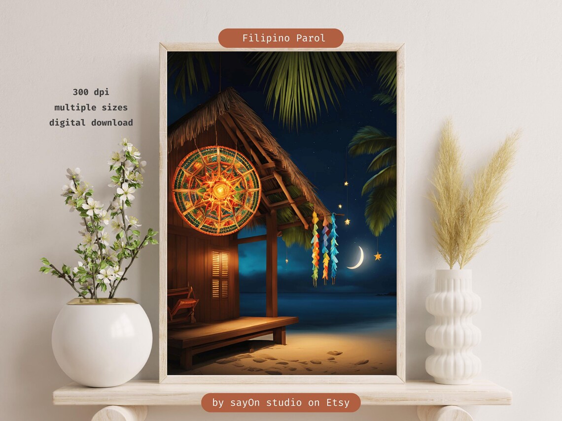 Filipino Parol Moonlit Beach Hut Tropical Night Scene Wall Art Poster