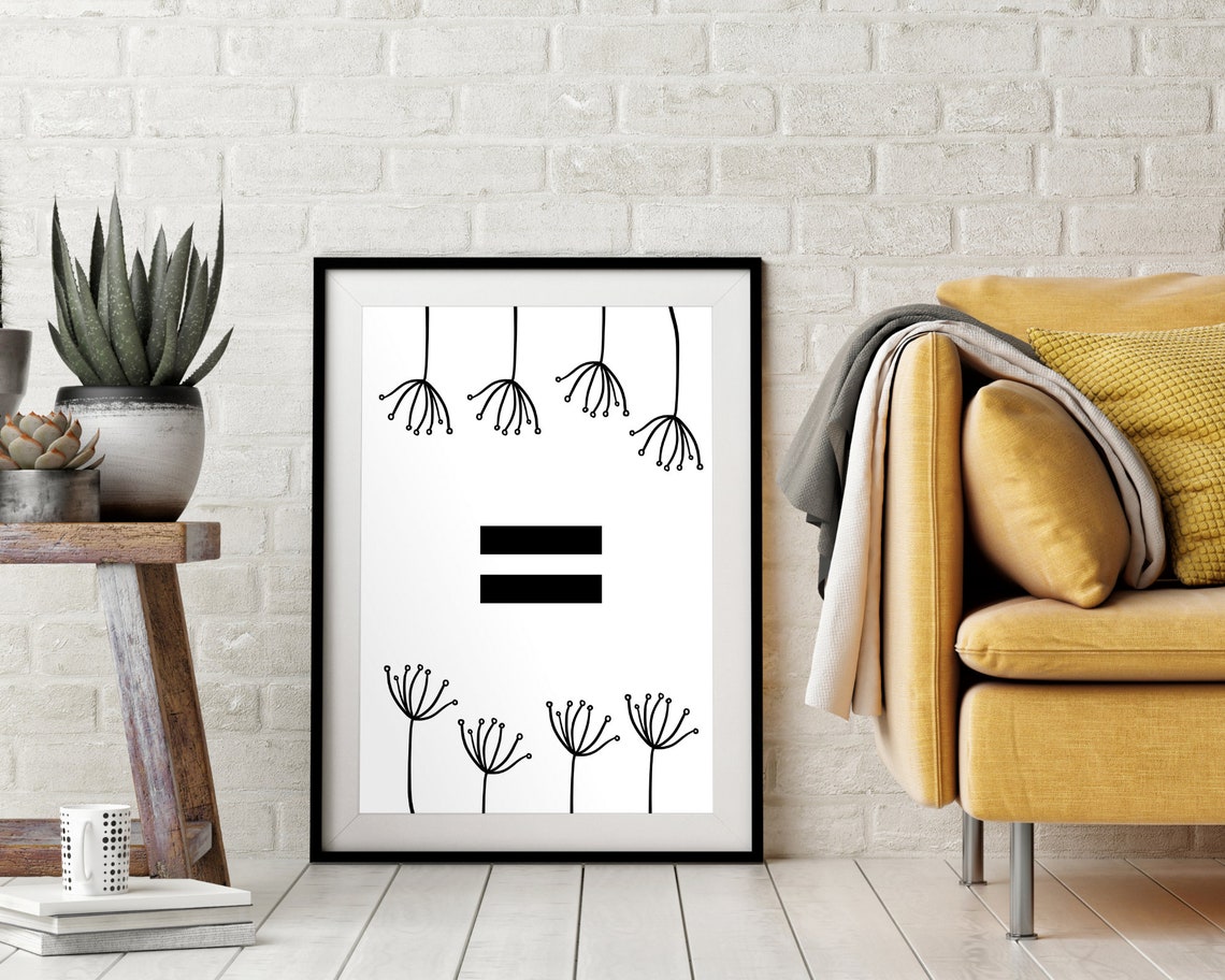 Equality Sign Dandelion Botanical Line Art Black White Poster