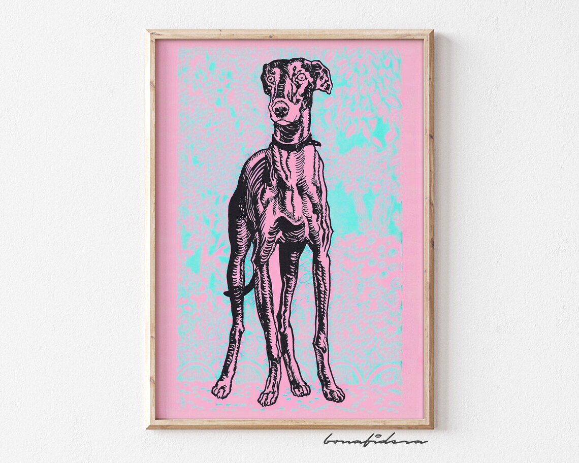 Greyhound Dog Line Art Pink Teal Maximalist Gallery Wall Print
