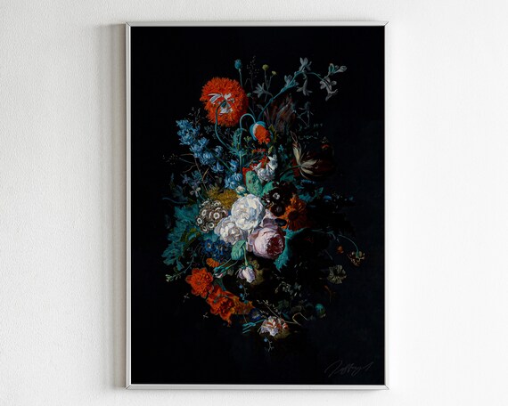 Vintage Dark Flower Oil Painting Still Life Botanical Moody Wall Art Dutch Floral Antique Feminine Dcor