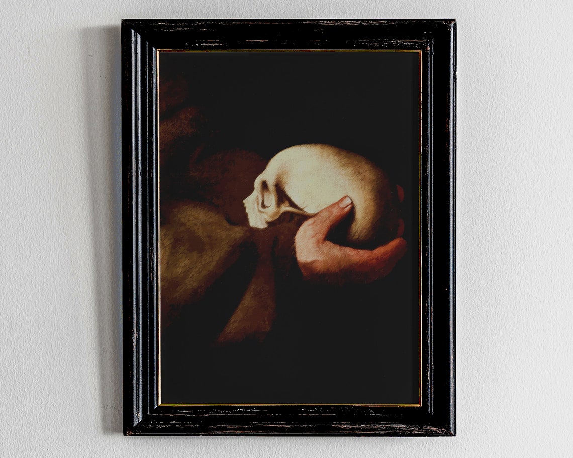 Hand Holding Skull Dark Chiaroscuro Gothic Memento Mori Wall Art