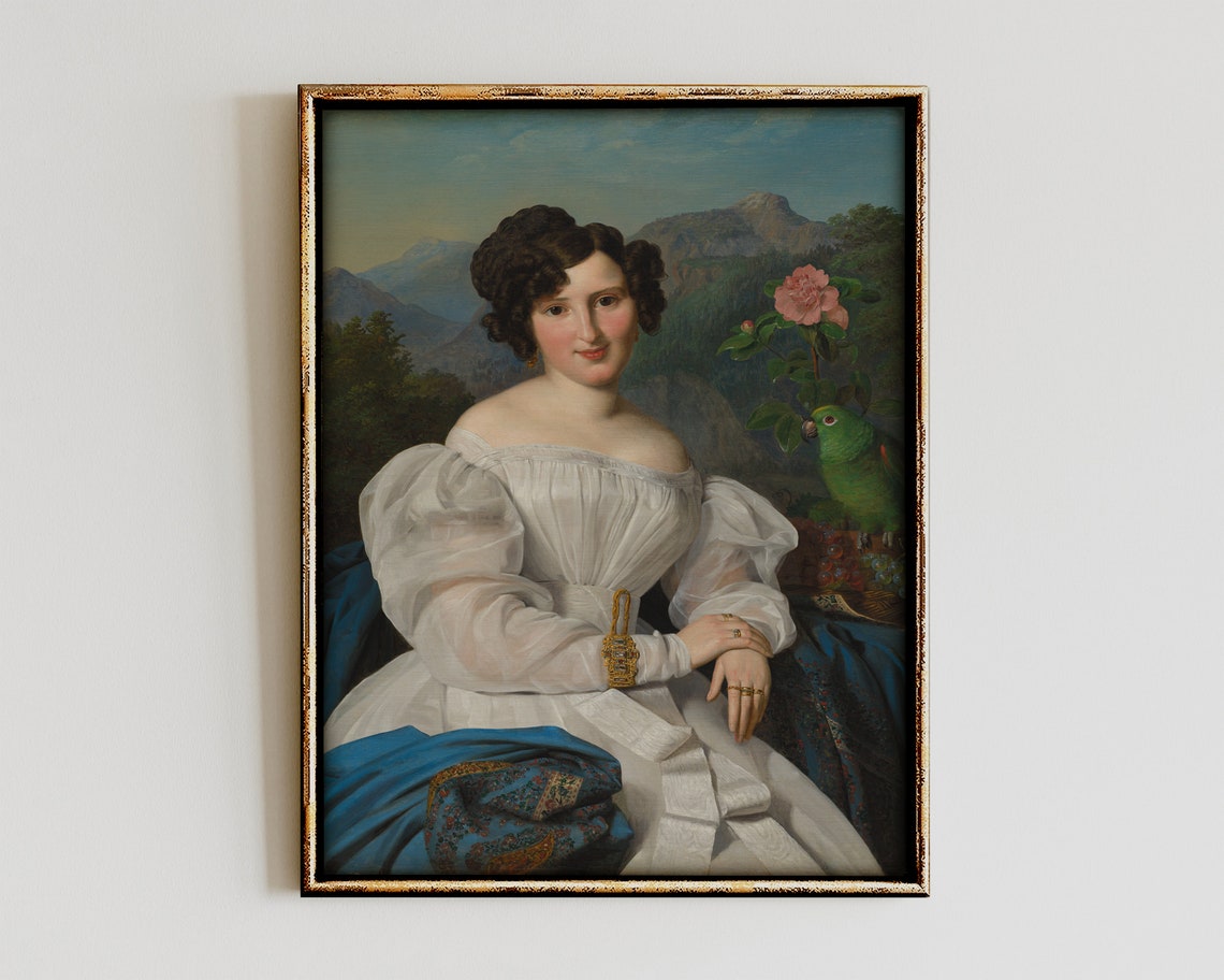 Classical Lady White Dress Green Parrot Pink Flower Portrait Poster