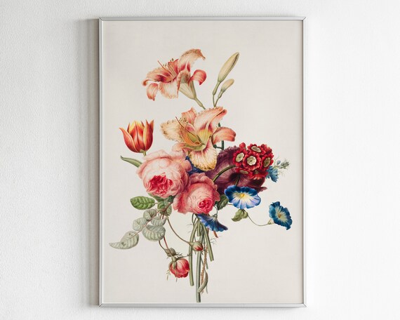 Vintage Botanical Bouquet Lilies Tulips Roses and Morning Glories Poster