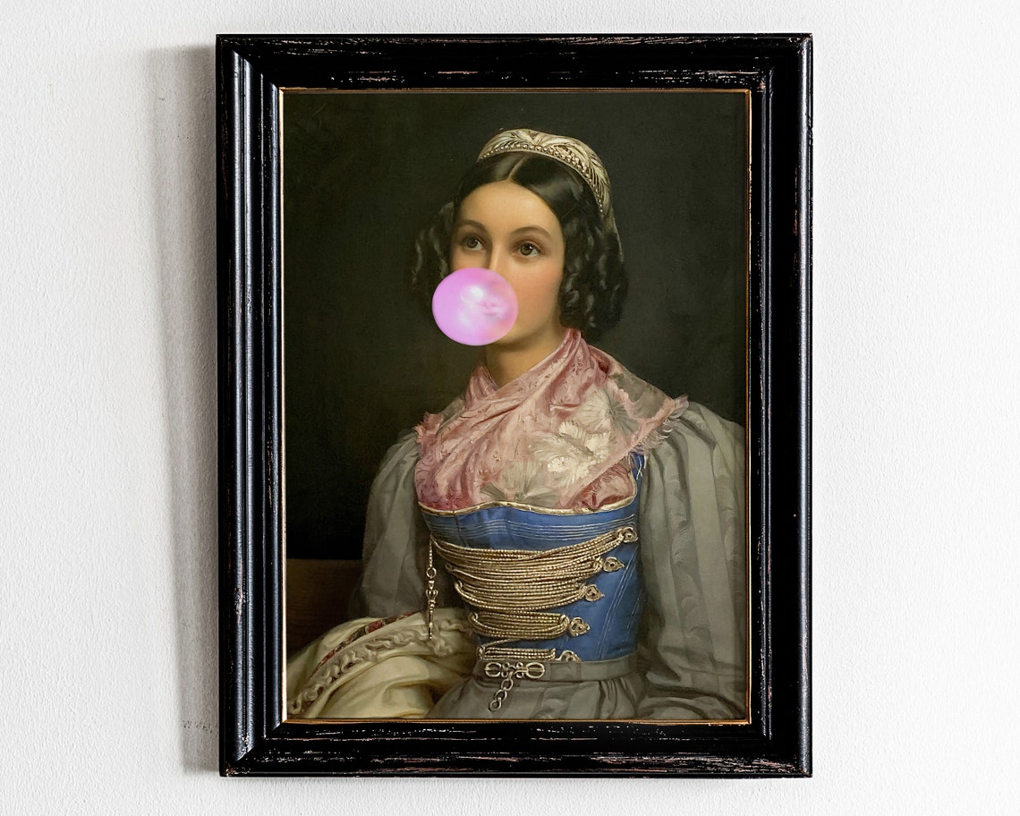 Classical Lady Blowing Pink Bubblegum Blue Corset Funny Poster