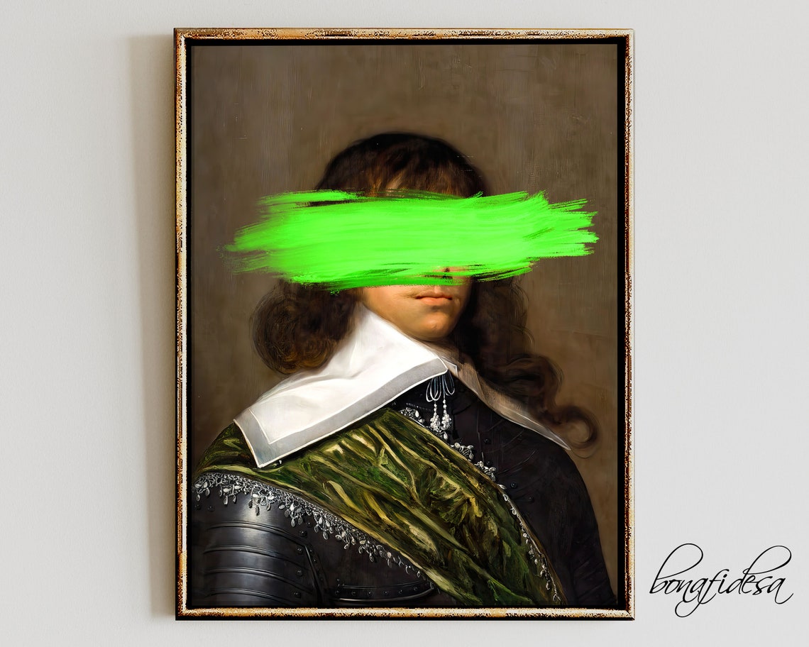 Altered Baroque Nobleman Neon Green Paint Stroke Portrait Print