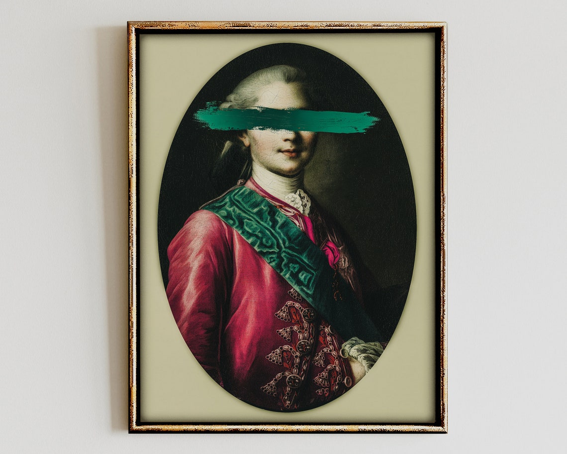 Altered Red Coat Oval Portrait Green Paint Stroke Eclectic Poster