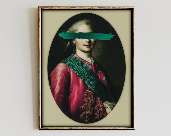 Altered Red Coat Oval Portrait Green Paint Stroke Eclectic Poster