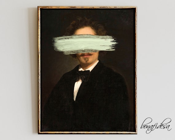 Altered Vintage Portrait Print Funny Funky Wall Art Eclectic Decor Dark Academia Painting