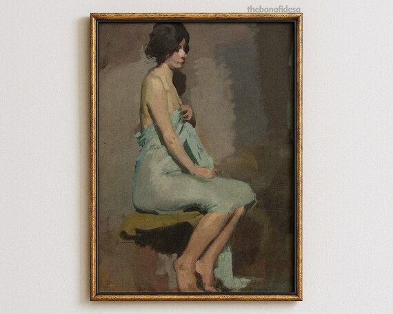 Seated Woman in Blue Drapery Vintage Oil Painting Fine Art Print