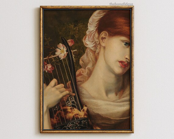 Baroque Woman With Lyre Red Hair Floral Vintage Oil Painting Print
